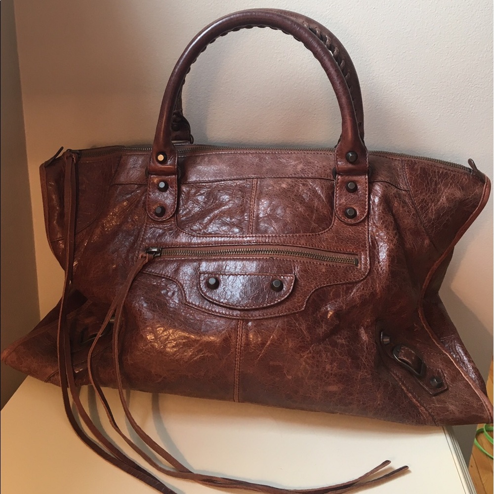 Balenciaga Distressed Brown Leather Shoulder Bag